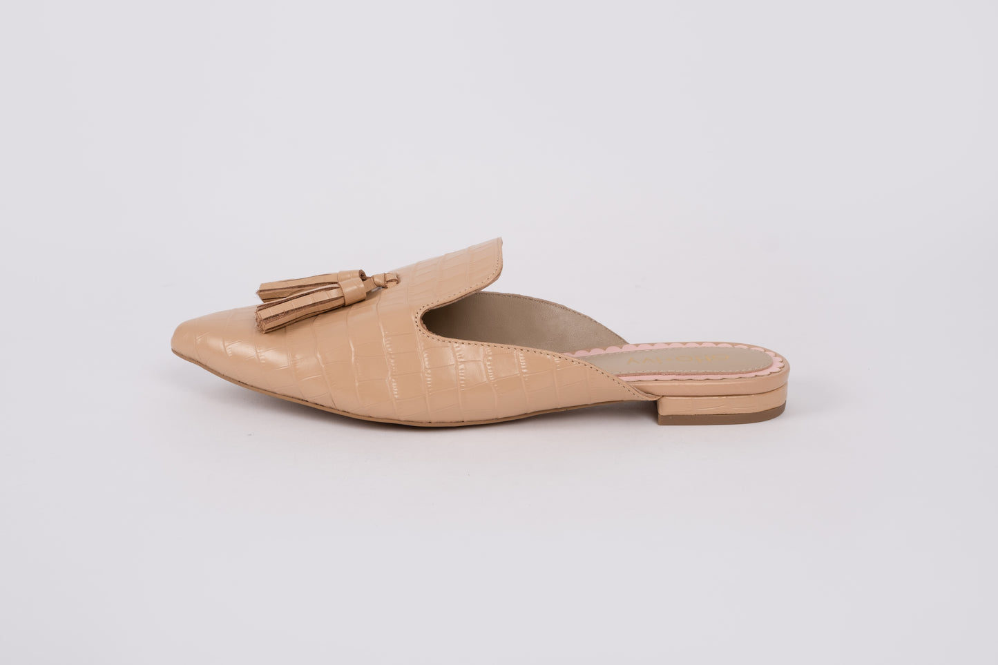 Side profile of womens shoe Sienna in Beige croc. Available in larger UK sizes 8-12