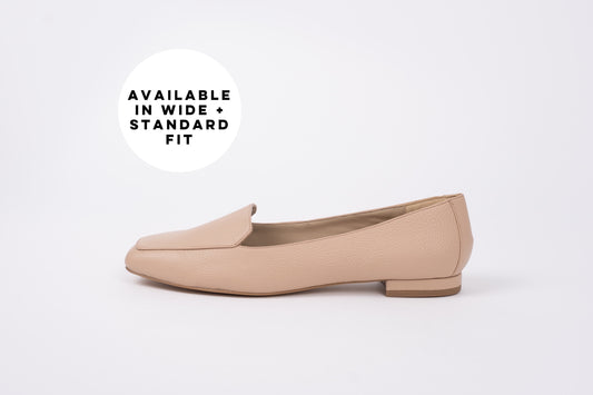 Side profile of Aubrey flat in beigem, a womens leather shoe available in larger sizes 42-46
