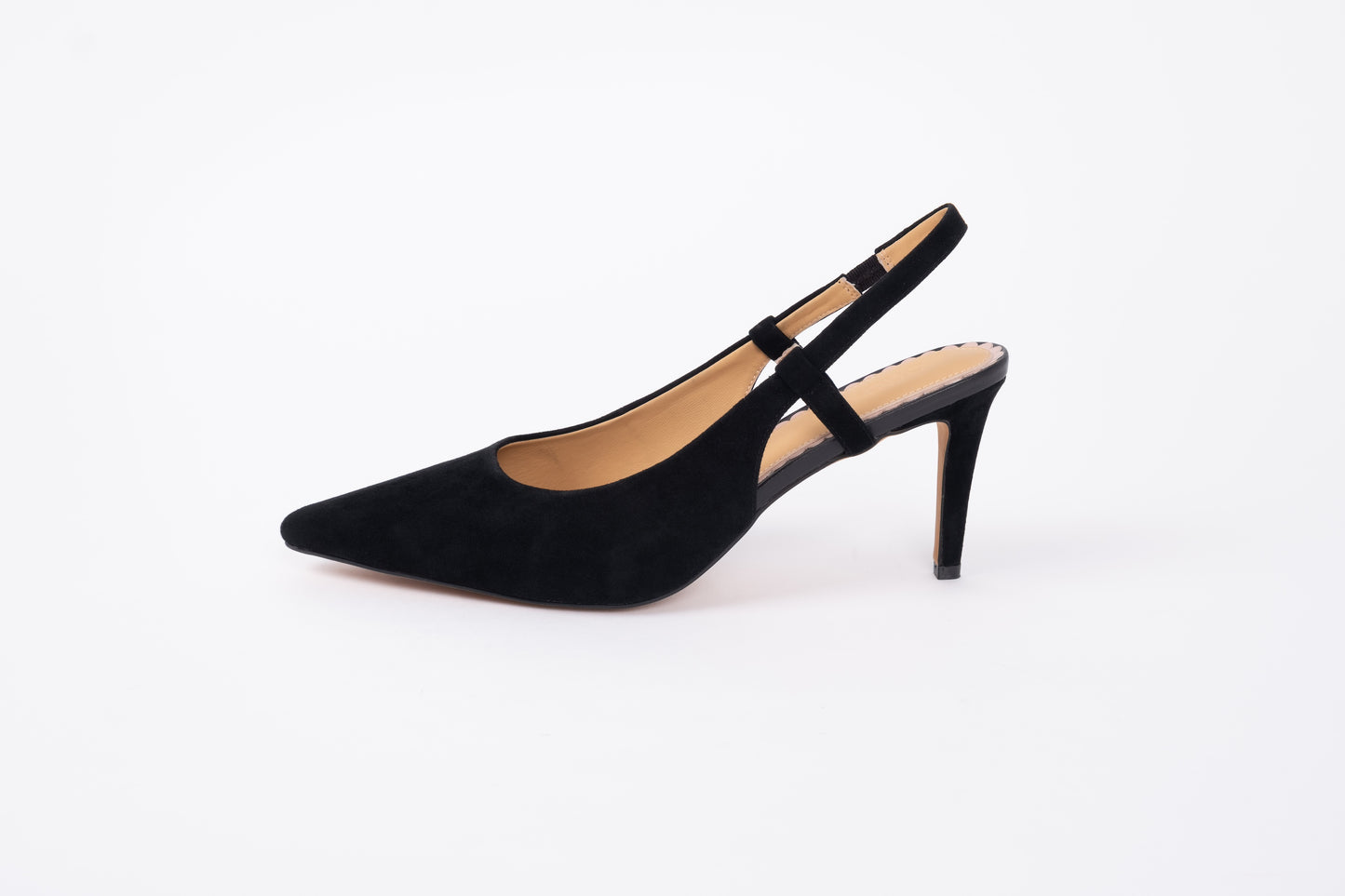 Side profile of Myah Slingback shoe in Black. WOmens footwear available in larger UK sizes 8-12