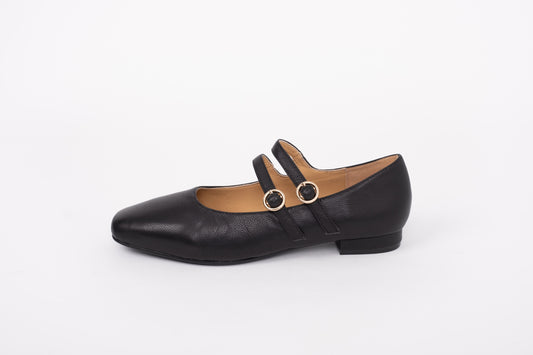 Side profile of Jemima Flat In Black. A 2 strap Mary Jane available in womens larger UK sizes 8-12