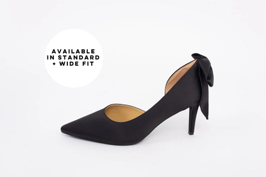 Side profile of Annie, a womens black court shoe, available in standard and wide fit. UK sizes 8-12
