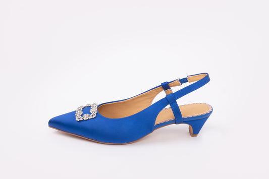 Side profile of Aceia Slingback in Blue. Embellished slingback available in larger womens sizes UK 8-12
