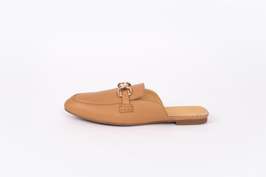 Side profile of Chloe Mule in Tan. Slide on womens shoe available in larger sizes 42-46