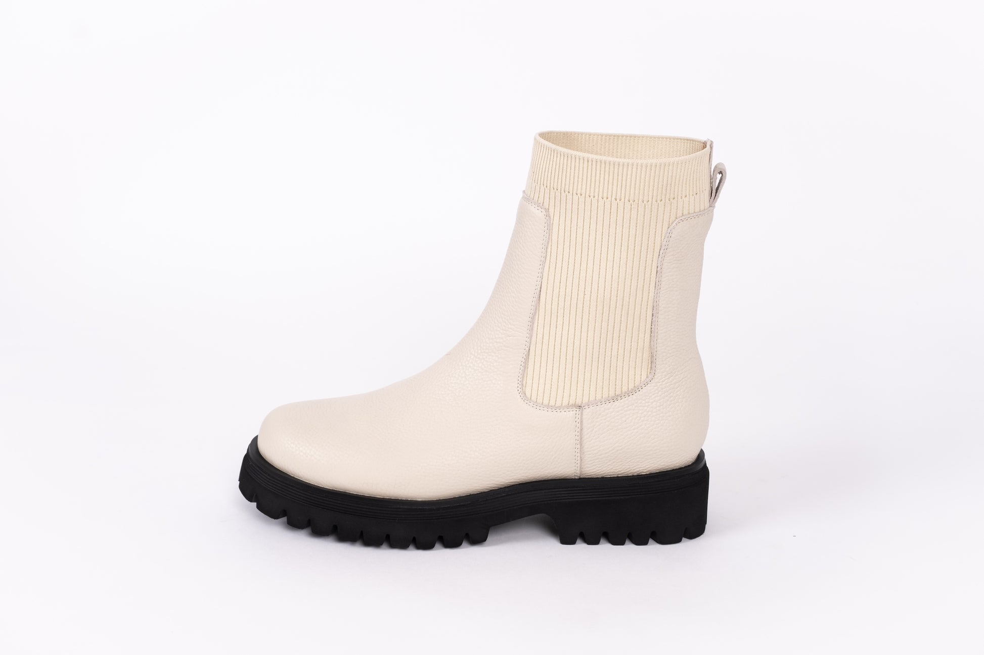 Side profile of Marnie Ankle Boot in Cream Leather. Womens Chelsea boot in larger womens sizes UK 8-12