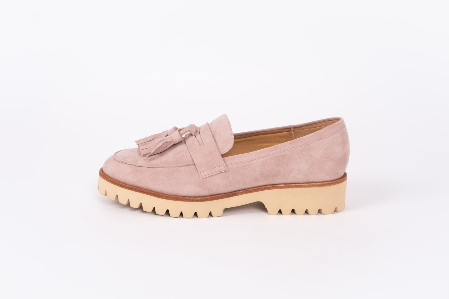Side profile of blush pink Dorothy loafer. Available in womens larger sizes 42-46
