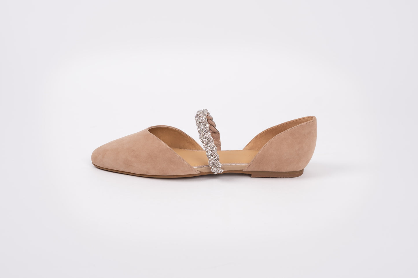 Side profile of Amber Flat in latte, with sparkly strap. Available in womens larger European sizes 8-12