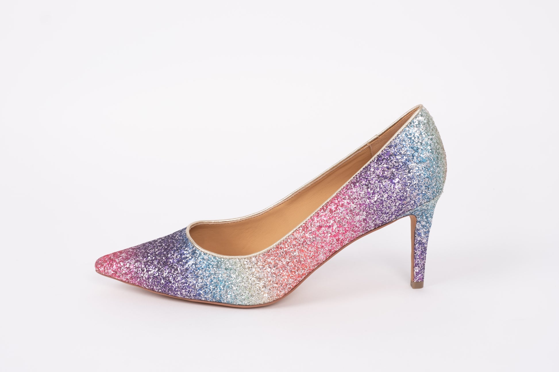 Side profile of Emmie rainbow courts. A sparkly womens heel available in larger sizes 42-46