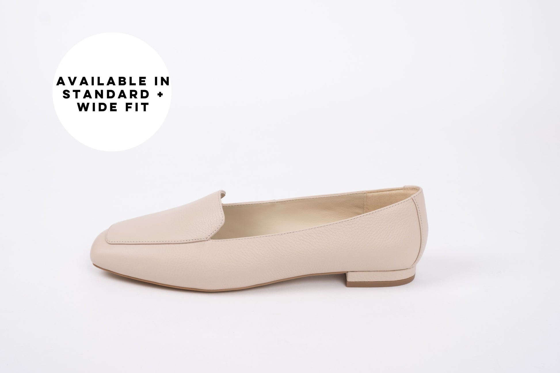 Side profile of Aubrey Flat shoes in Stone. Available in womens larger sizes 8-12. Standard and wide fit.