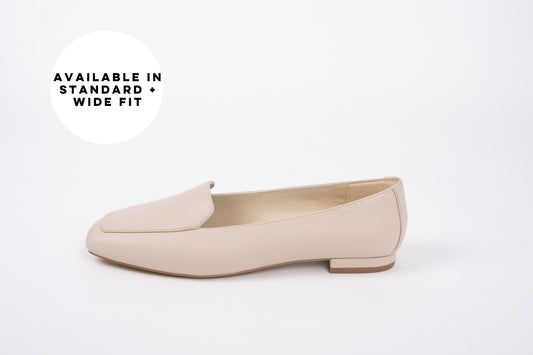 Side profile of Aubrey Flat shoes in Stone. Available in womens larger sizes 8-12. Standard and wide fit.