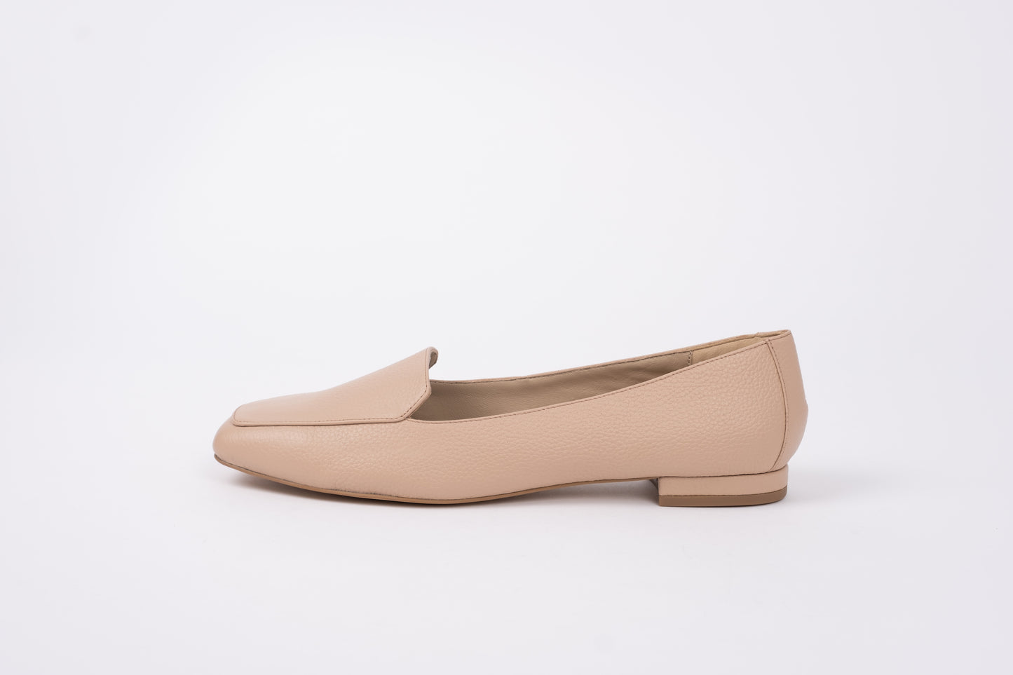 Side profile of Aubrey flat in beige. Womens footwear in larger sizes standard and wide fit size 42-46
