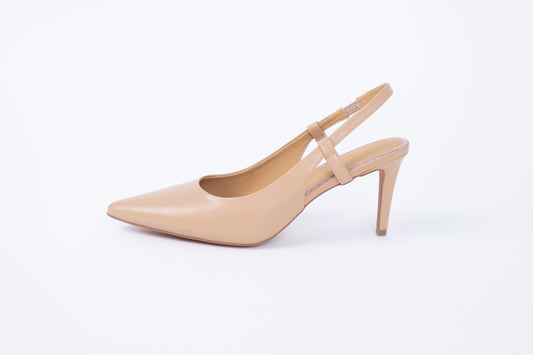 Side profile of Myah Slingback in beige. Womens low stiletto heel available in larger UK sizes 8-12