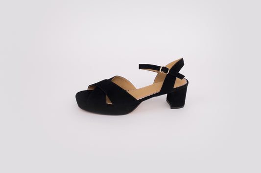 Side profile of Frankie Sandal in black. A womens block strappy heel available in larger sizes 42-46