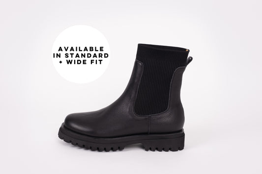 Side profile of Marnie Ankle Boot in Black Leather. Womens larger size shoes available in 8-12, standard and wide fit.