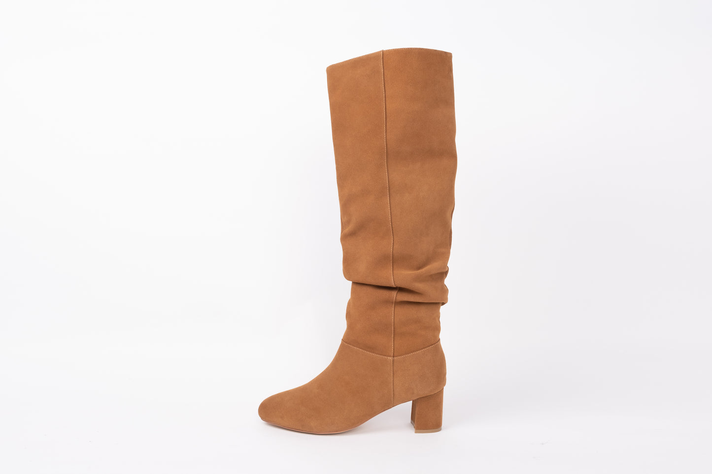 Side profile of Evelyn boot in Camel suede, a womens knee-high heeled boot available in larger sizes 42-46