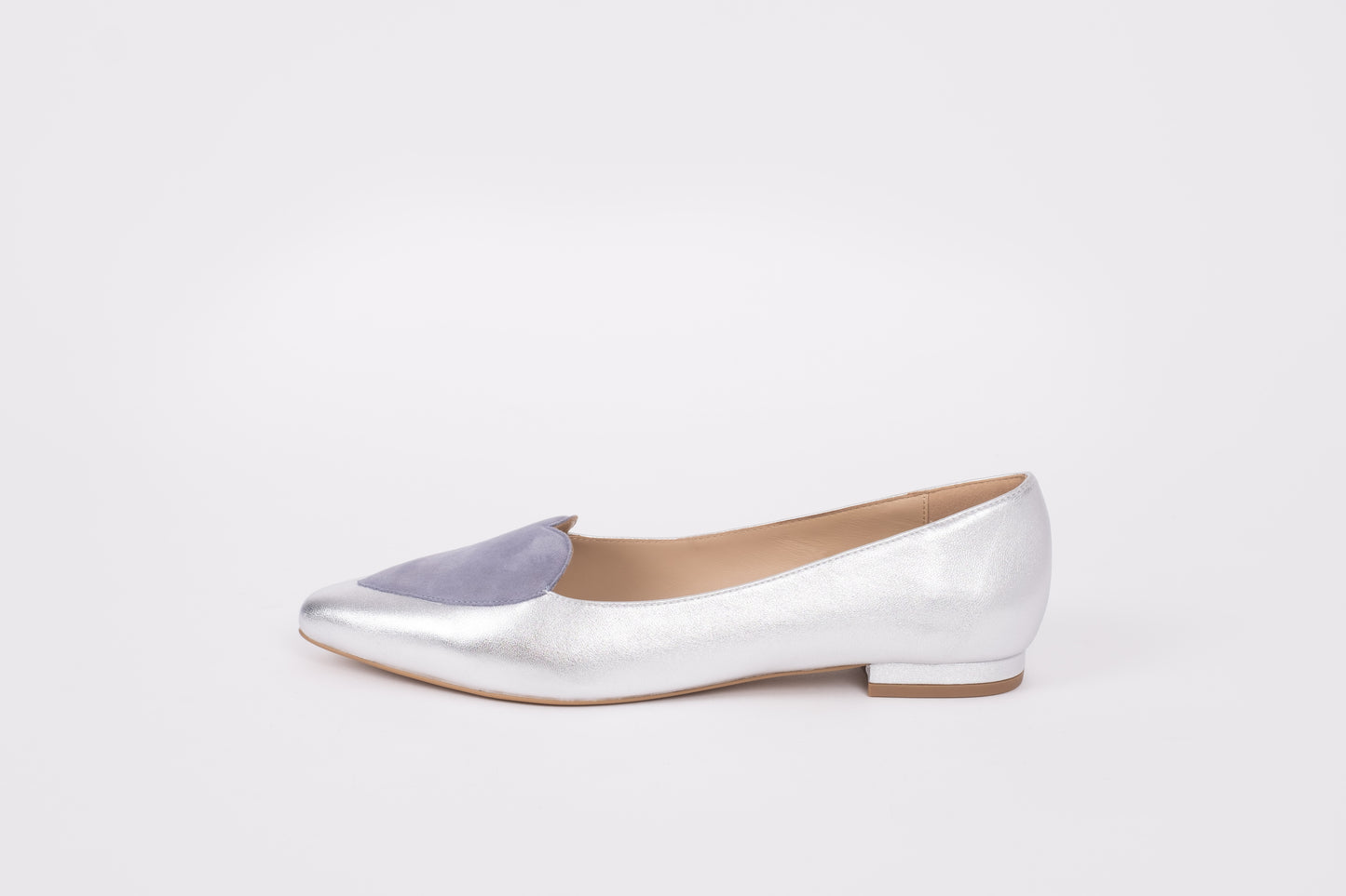 Side profile of Silver Rosie Flat shoe. Available in larger womens sizes UK 8-12