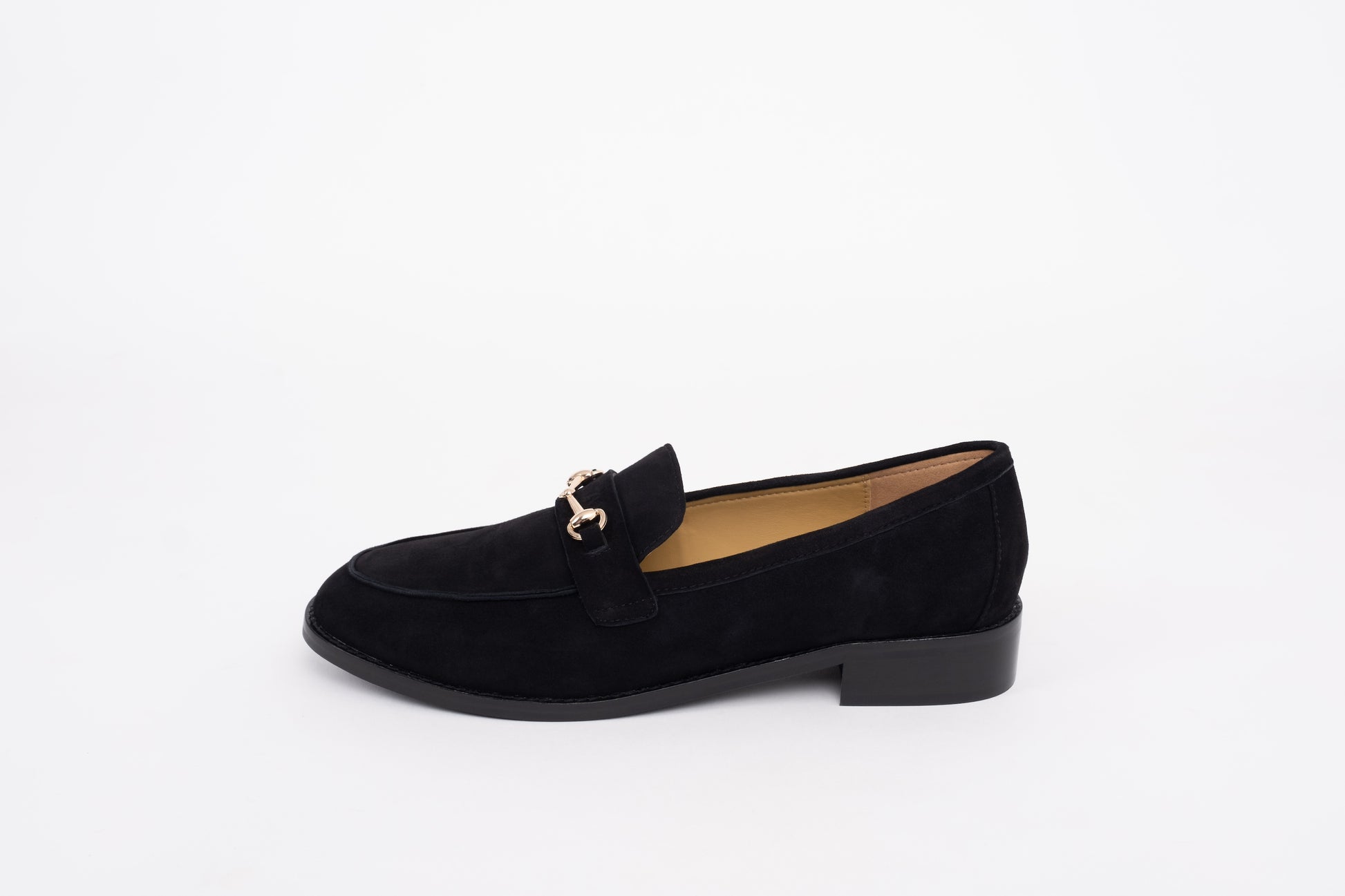 Side profile of Betsy Loafers in black suede with buckle. Larger women's shoes in sizes UK 8-12