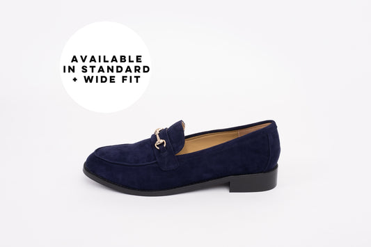 Side profile of Betsy Loafers in Navy Suede. Womens shoes in larger sizes available UK 8-12, standard and wide fit.