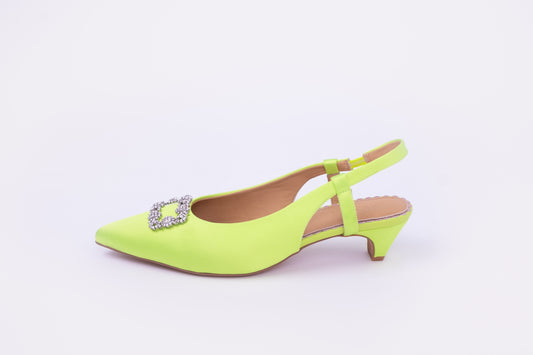 Side profile of Aceia slingback heel in Lime with top embellishment. Available in womens larger sizes 8-12
