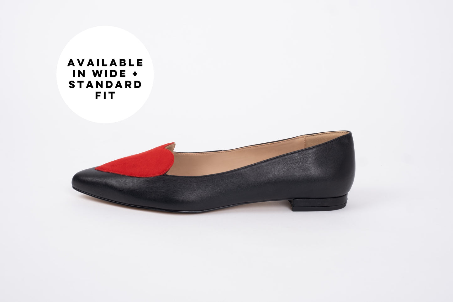 side profile of Rosie lats in black with a red suede heart panel. Womens shoes available in European sizes 42-46. Standard and wide fit.