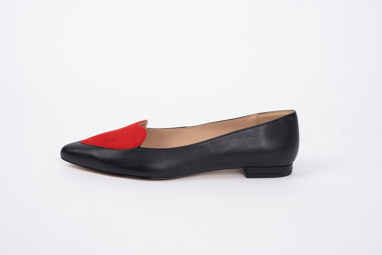 Side profile of Red and Black Rosie Flat, Stylish women's footwear available in larger sizes UK 8-12