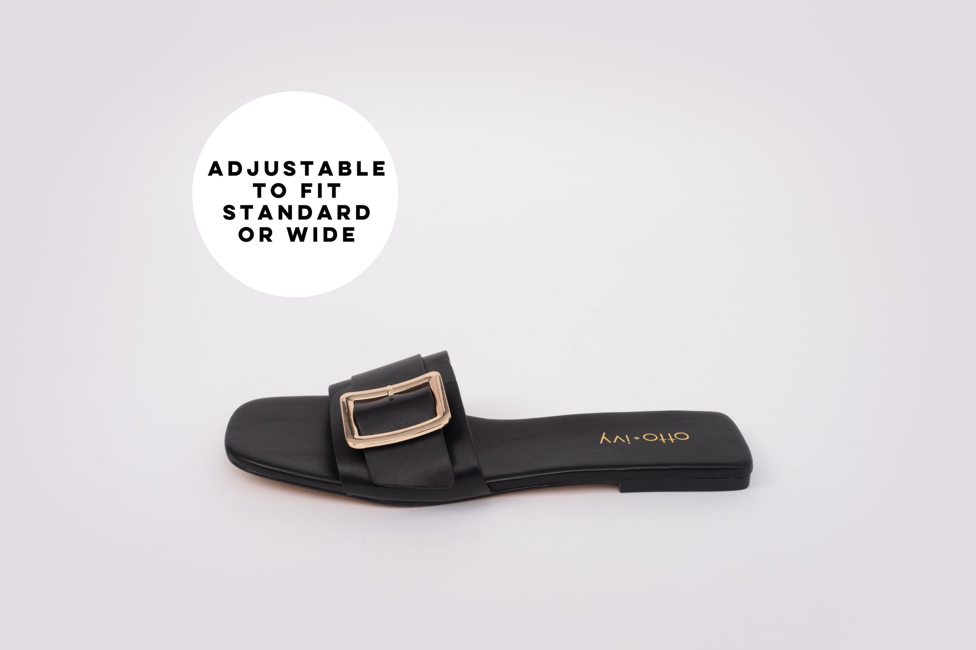Side shot of womens ruby sandal in black. Available in larger womens sizes European 42-46