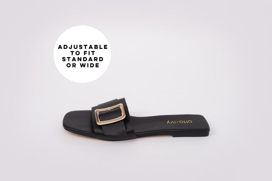 Side shot of womens ruby sandal in black. Available in larger womens sizes European 42-46