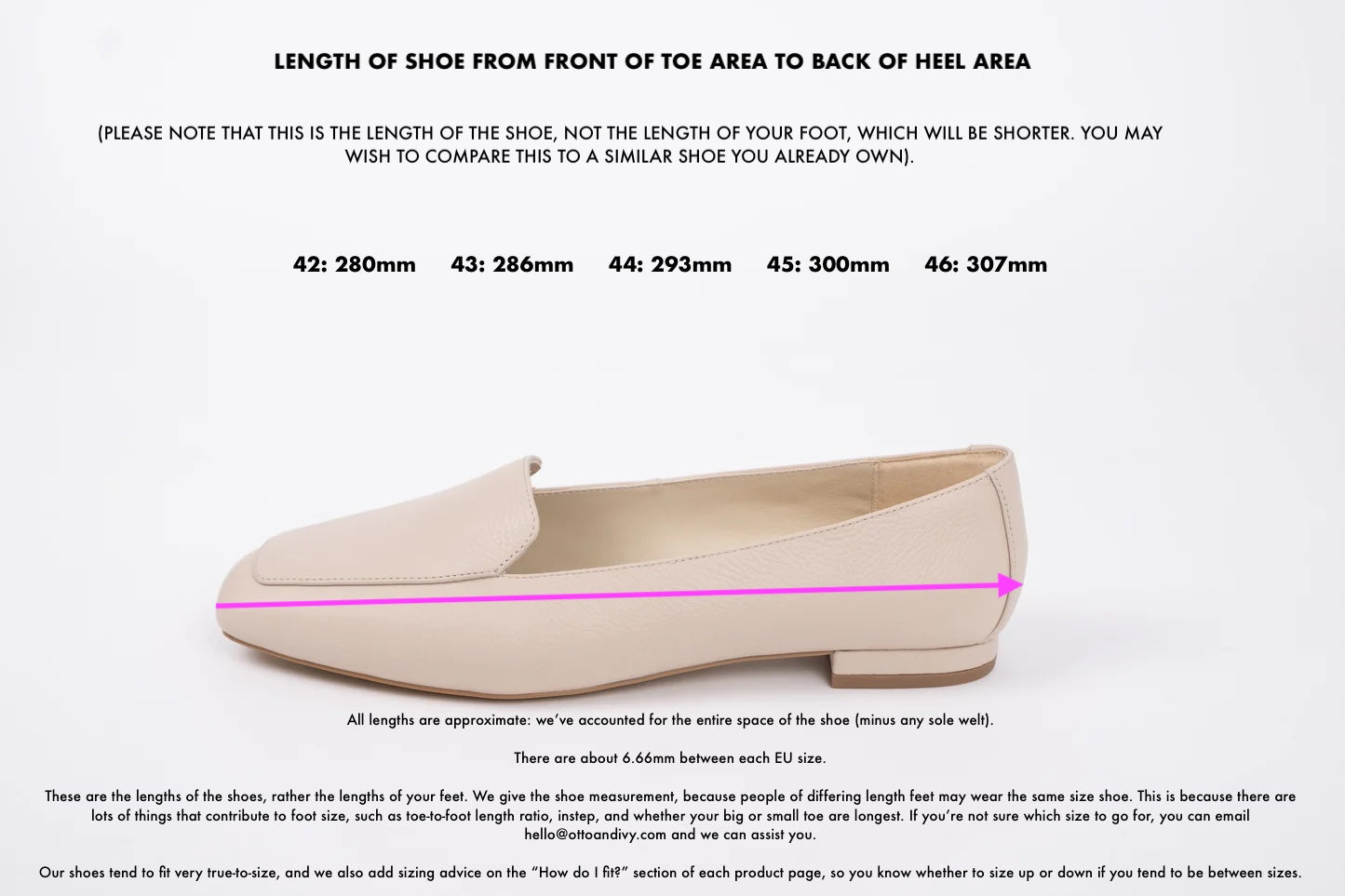 Length diagram of womens stone leather flat shoe in larger sizes