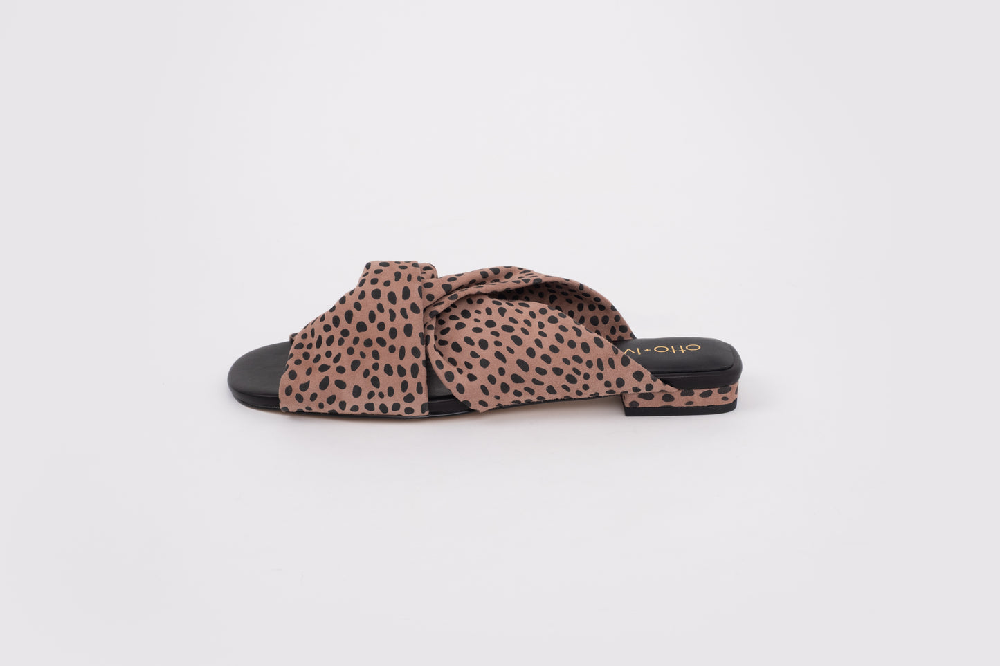 Side view of Lani sandal in blush cheetah, a womens sandal in larger sizes 42-46