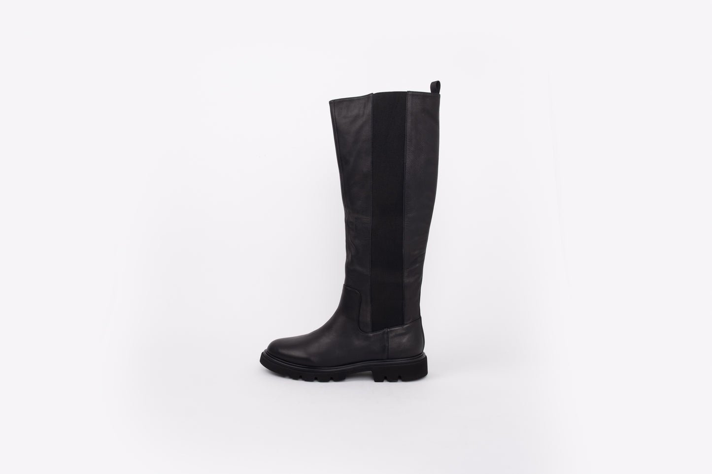 side shot of womens knee high leather flat black boot available in larger sizes 42 43 44 45 46