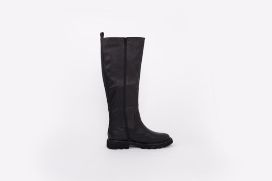 Black leather flat leather knee high boot available in larger sizes 42-46