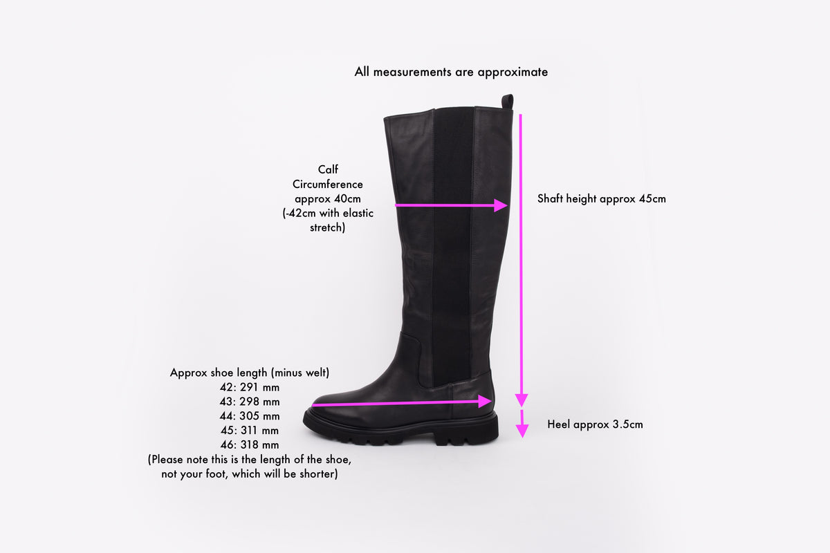 Length diagram displaying measurements of large sizes boots available in larger sizes 42 43 44 45 46