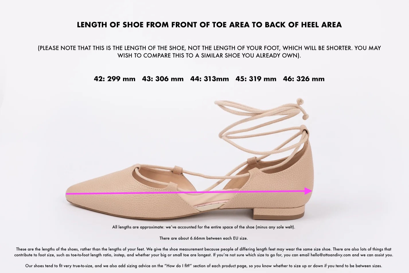 Length diagram of Winnie Flat in European sizes 42-46, displaying measurements of sizes.