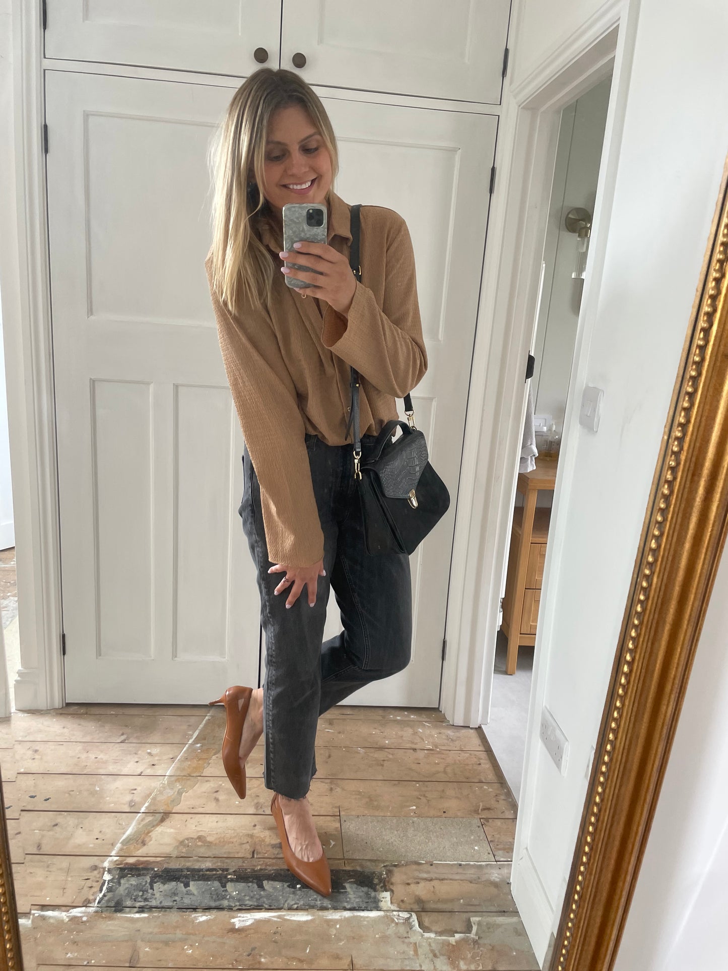 Laura modelling Florence Kitten Heels in tan, available in UK large womens sizes 8-12