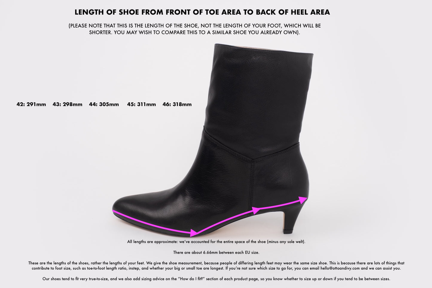 Length diagram displaying size measurements on black leather boot in larger sizes