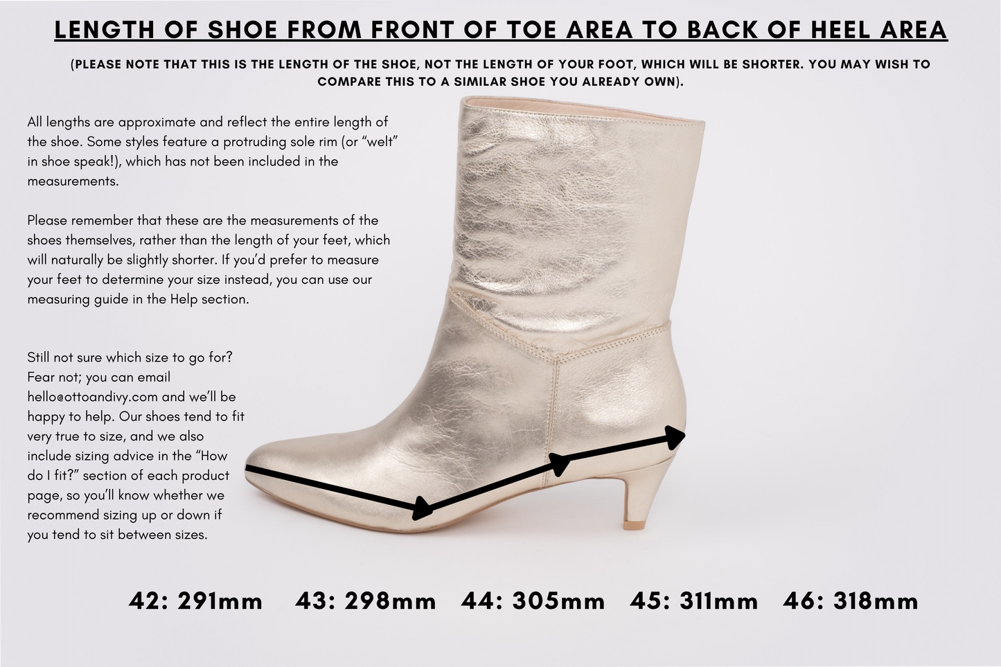 Measurement diagram displaying lengths of womens large size shoes in sizes 42,43,44,45 and 46.