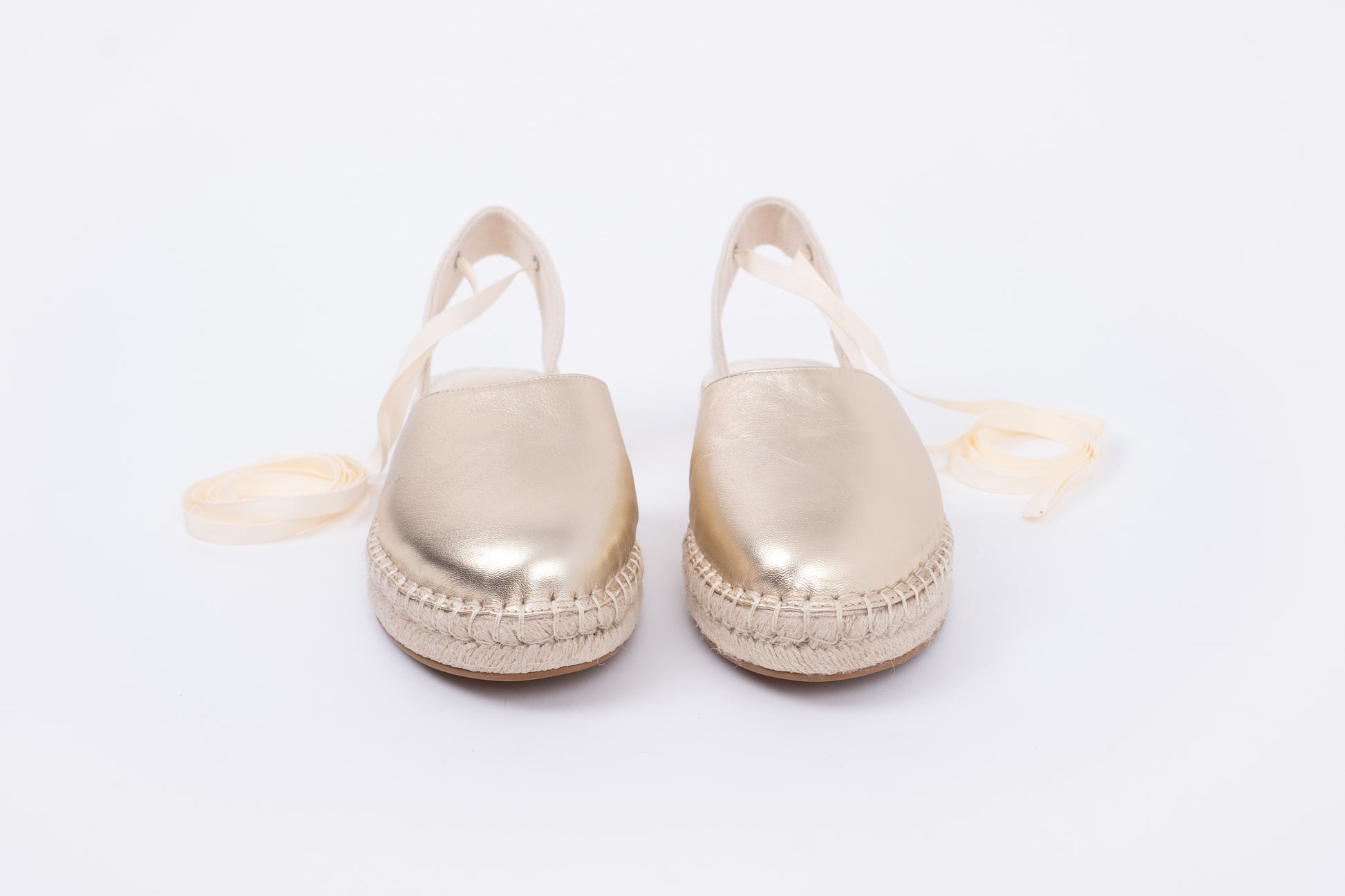 Front view of Clara Espadrille shoe in Gold. Stylish womens footwear available in larger sizes UK 8-12