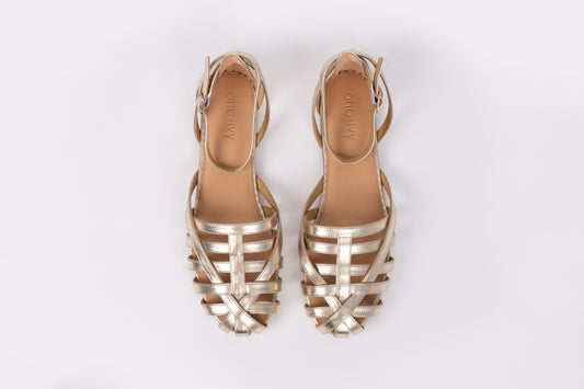 Aerial view of Daisy Sandal in gold. Womens footwear available in UK sizes 8-12