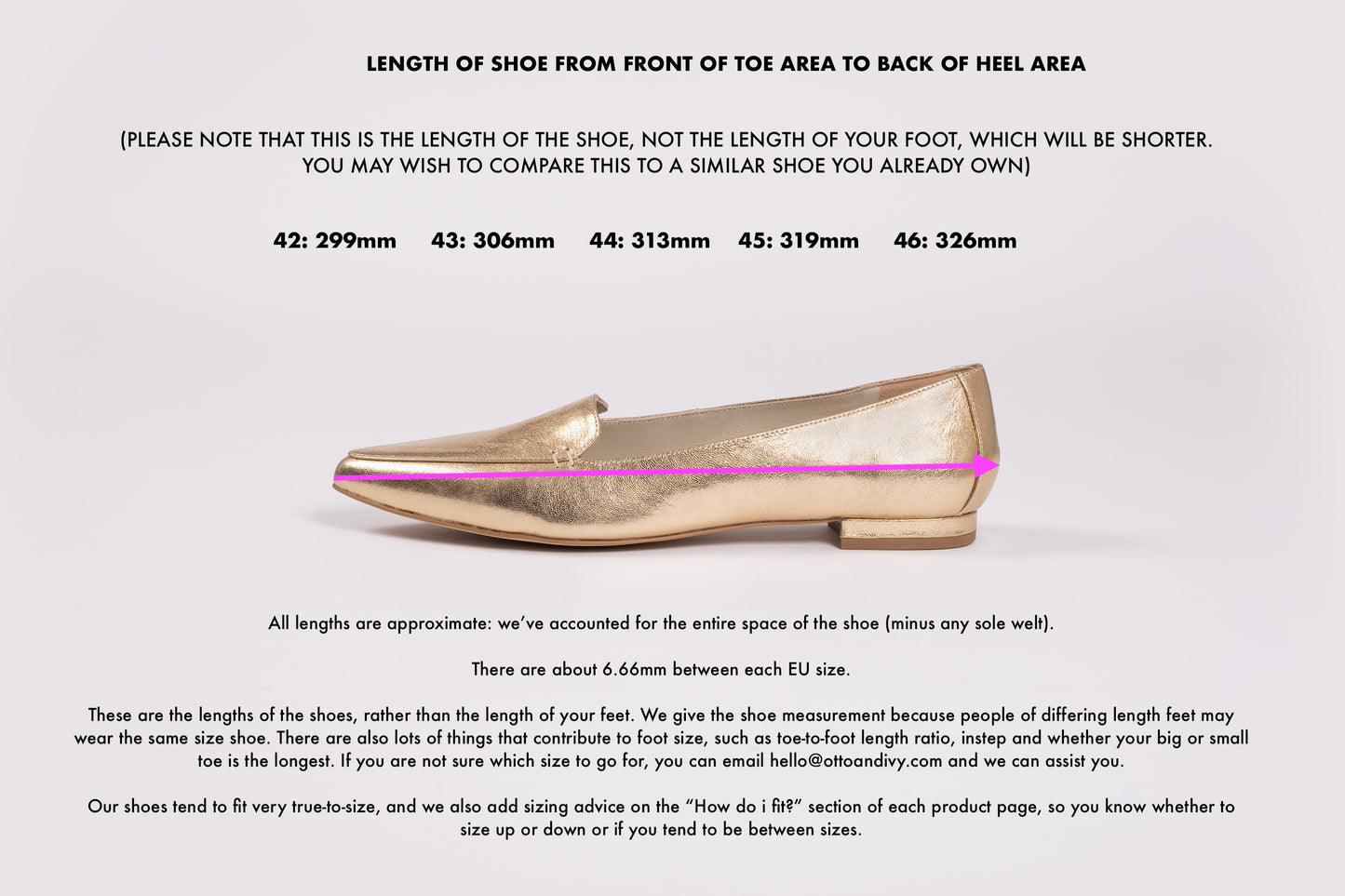 Length diagram of Ava flat in gold displaying sizes of larger sizes 42-46