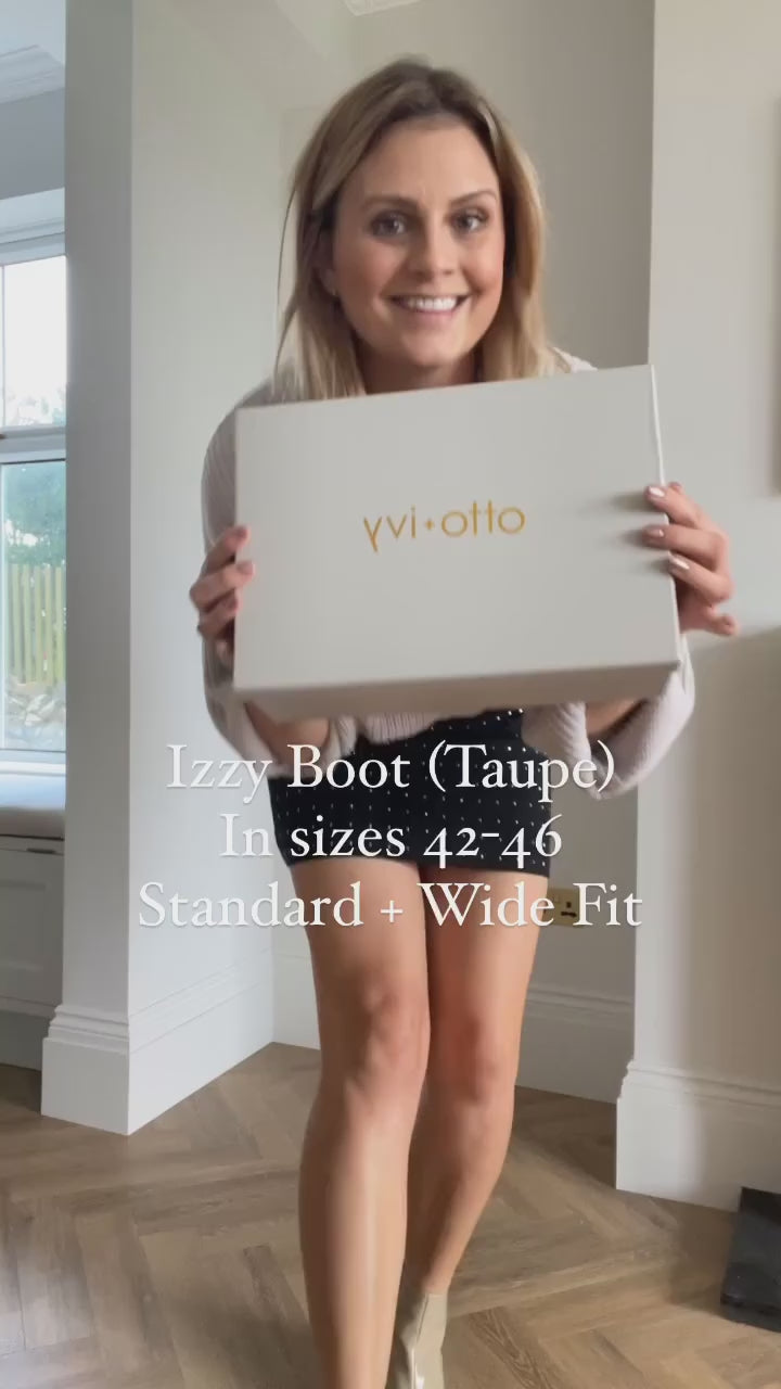 Real life video of Model wearing Izzy boots in Taupe. In large sizes 42-46