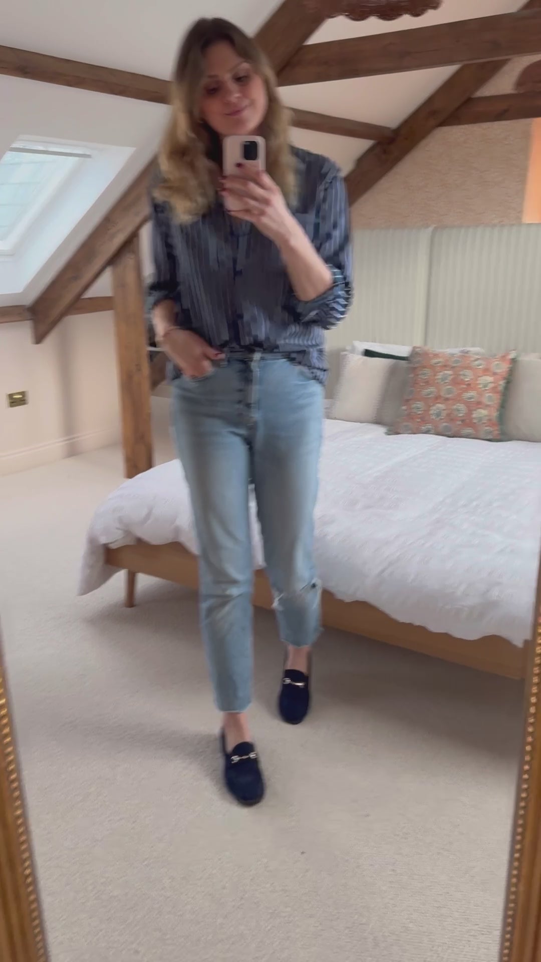 Video of tall woman modelling Navy Betsy Loafers, larger size shoes available in European sizes 42-46, standard and wide fit.