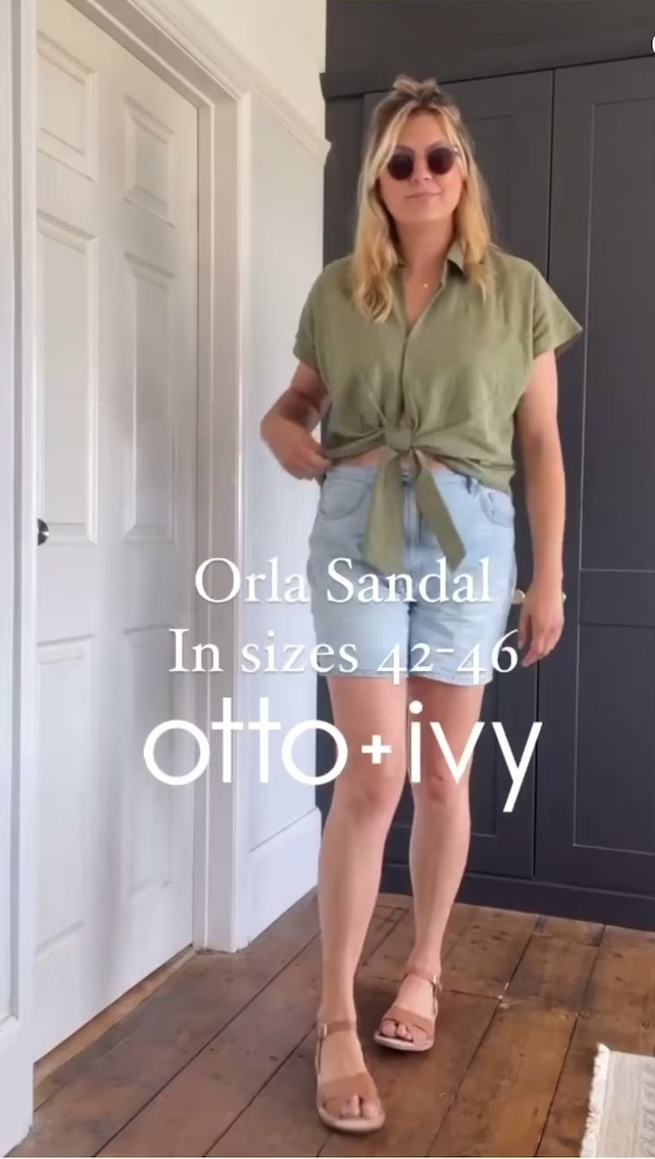 Tall woman modelling Orla sandal, available in large womens sizes 8-12