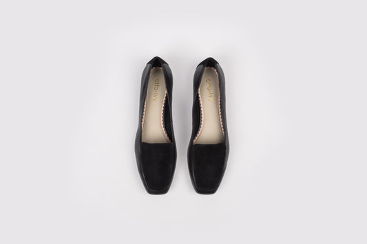 Aerial view of womens flat shoe Aubrey, in black. Available in womens sizes 8-12