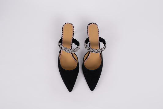 Aerial shot of womens black stiletto heel available in larger UK sizes 8-12