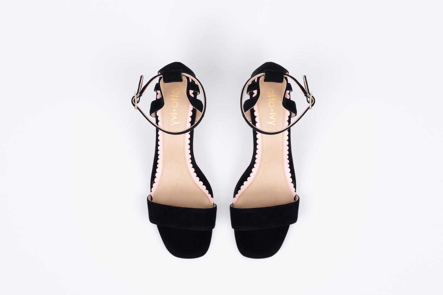 Aerial shot of Bibi in black. A suede strappy heeled sandal available in larger womens European sizes 42-46
