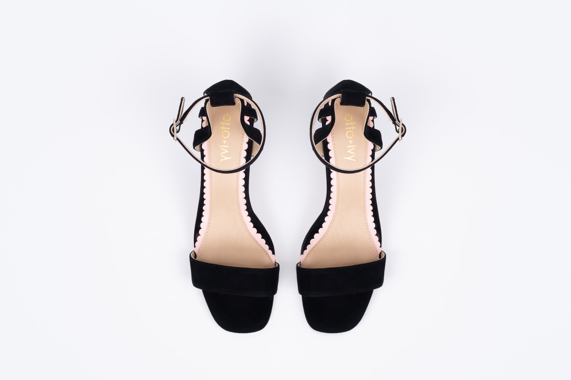 Aerial shot of Bibi in black. A suede strappy heeled sandal available in larger womens European sizes 42-46