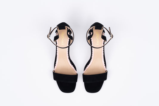Aerial shot of Bibi in black. A suede strappy heeled sandal available in larger womens European sizes 42-46