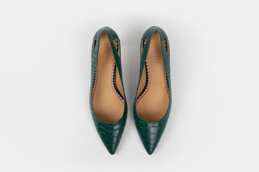 Aerial veiw of Florence Court shoe in green croc. A womens stiletto court shoe available in European sizes 42-46