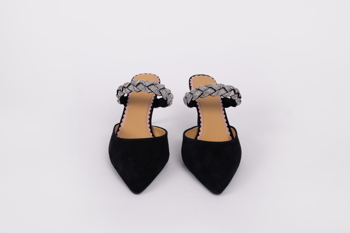 Front shot of womens pointed toe heels in black with sparkly strap. Available in larger womens UK sizes 8-12