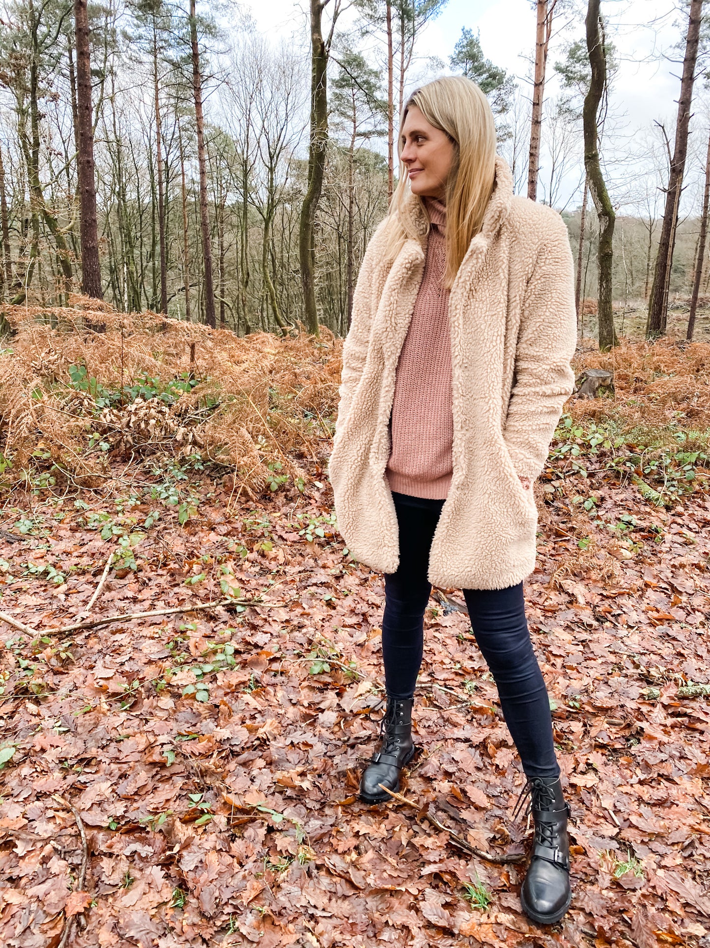 Maisie Boot by Otto and Ivy -  worn by a tall model in a beige teddy coat and black trousers