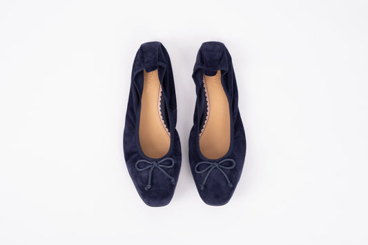 Aerial view of womens flat shoe Olivia in navy suede. Available in UK larger sizes 8-12